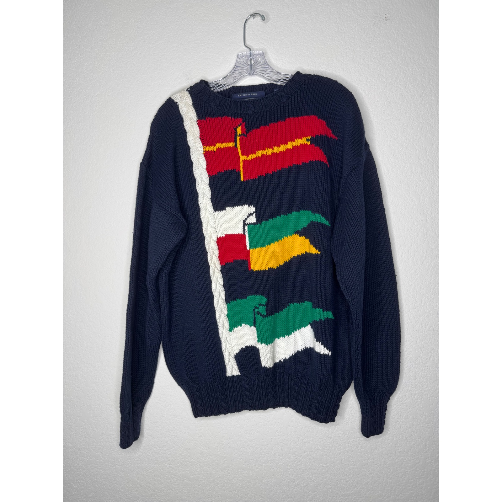 Thornton Bay Navy Blue Hand Knit Vintage Nautical Flag Sweater Mens Size M 90s